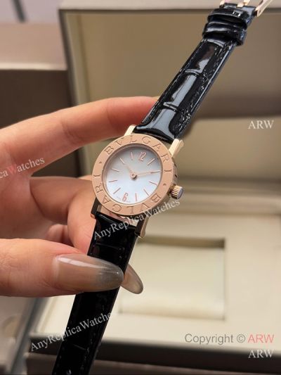 High Quality Replica BVLGARI Black Full-Grain Leather Strap White Verde Alpi Marble Mother-Of-Pearl Face Dial 316 Stainless Steel Case Watch 26mm